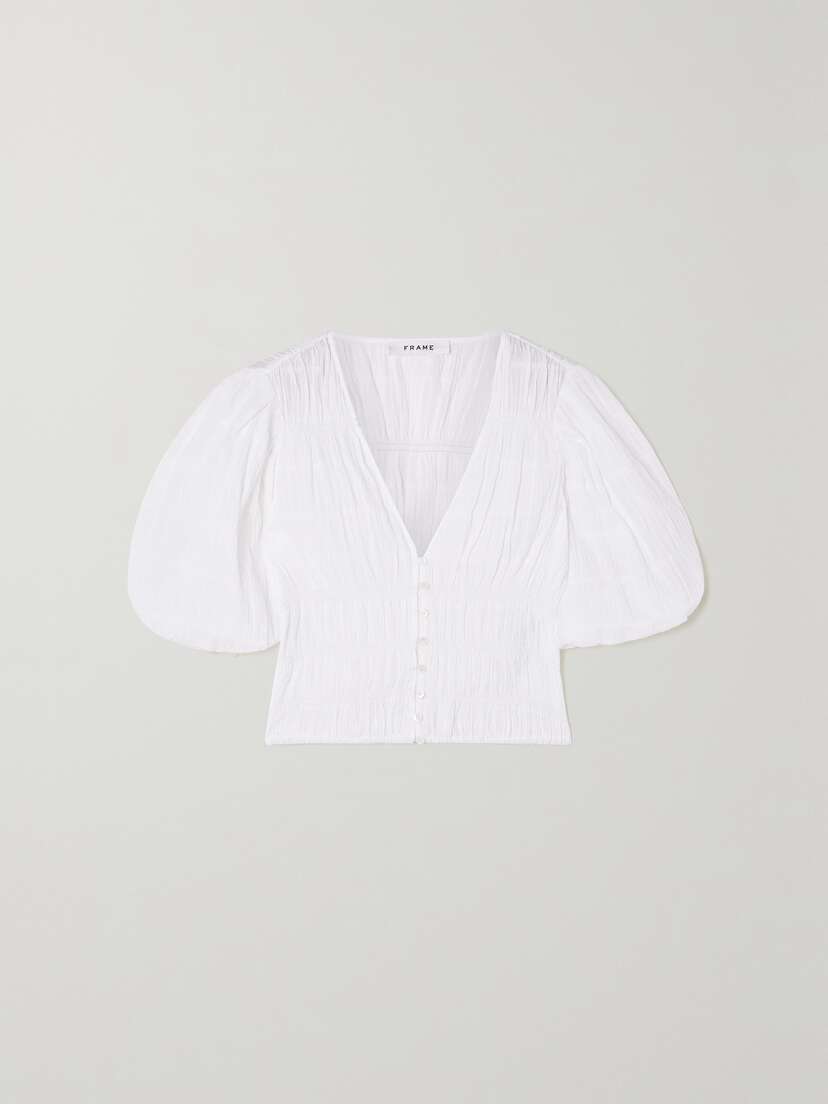 Frame Julianne Cropped Ruched Stretch-cotton Voile Blouse