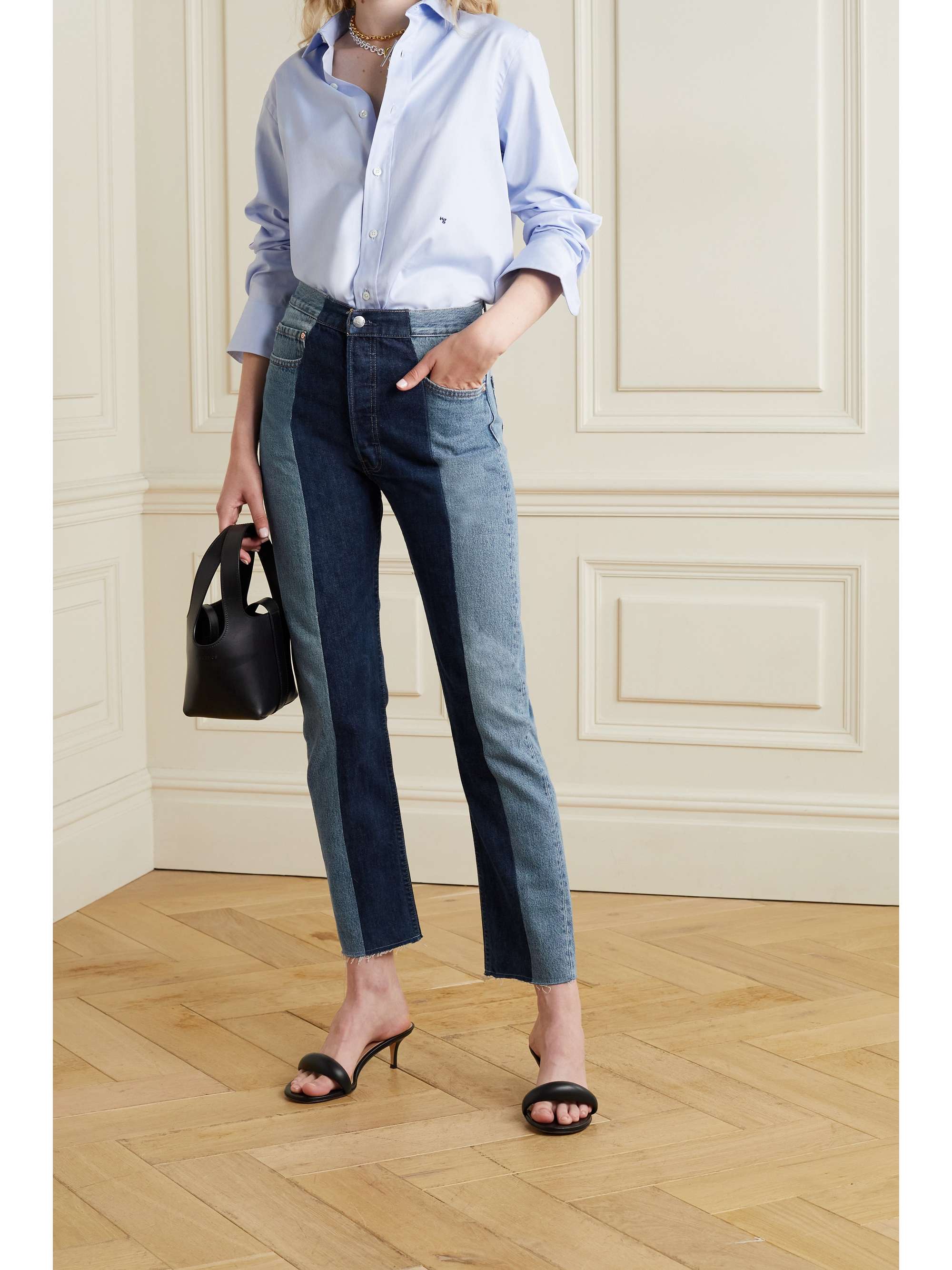 E.L.V. DENIM + NET SUSTAIN The Twin frayed two-tone high-rise straight-leg jeans