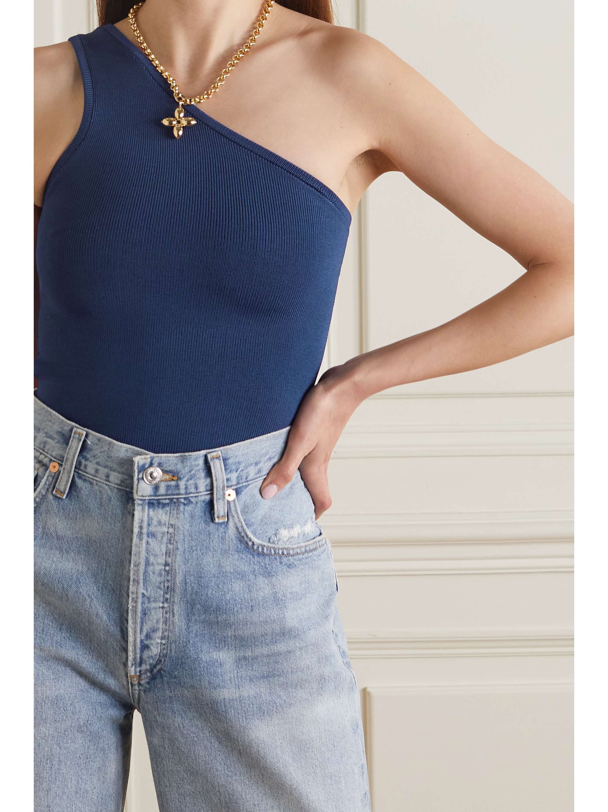 CALLE DEL MAR Cropped one-shoulder stretch-knit top