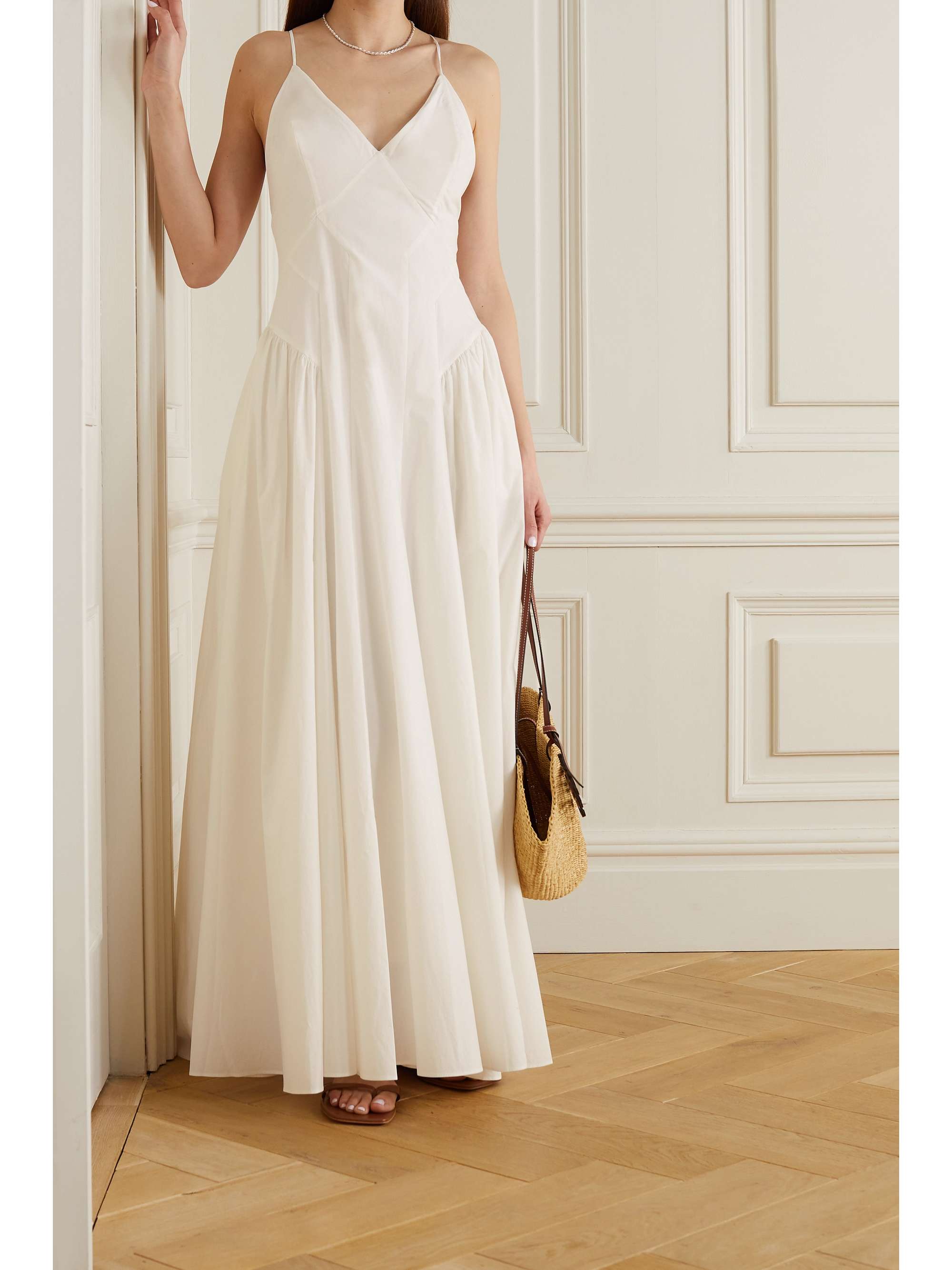 White Malibu shirred cotton-poplin maxi 