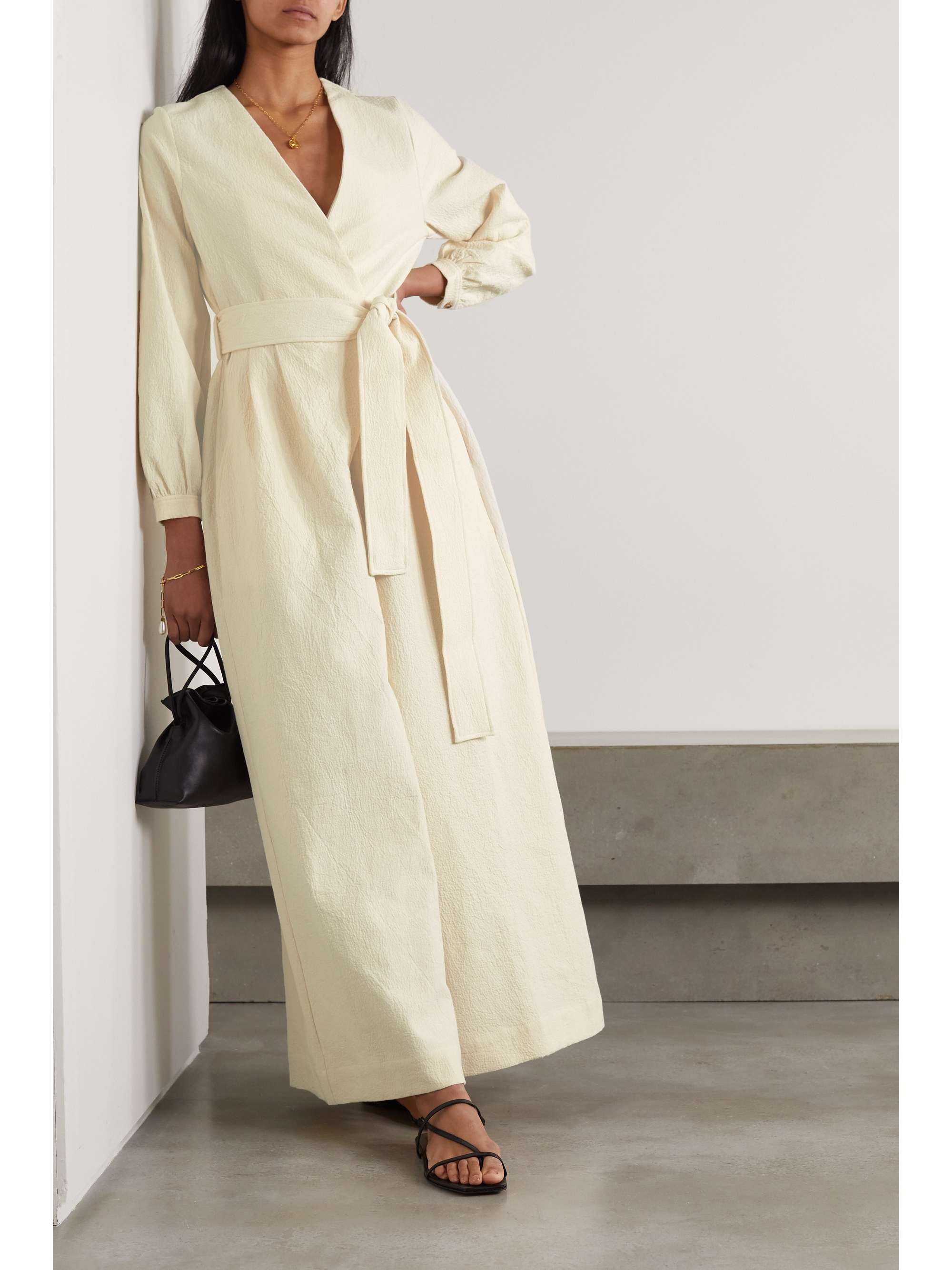 KING & TUCKFIELD Wrap-effect belted cotton-cloqué jumpsuit