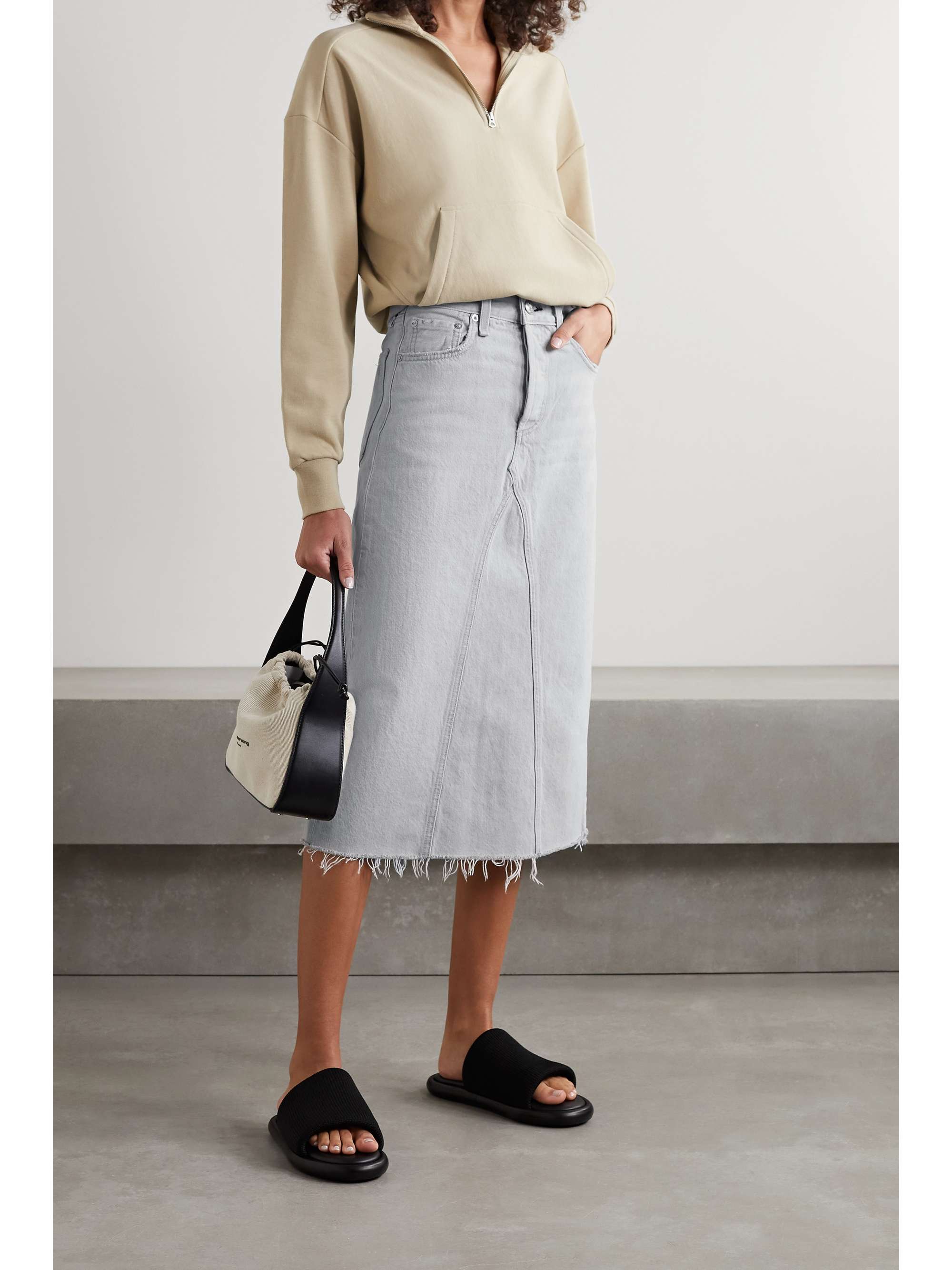 grey denim midi skirt