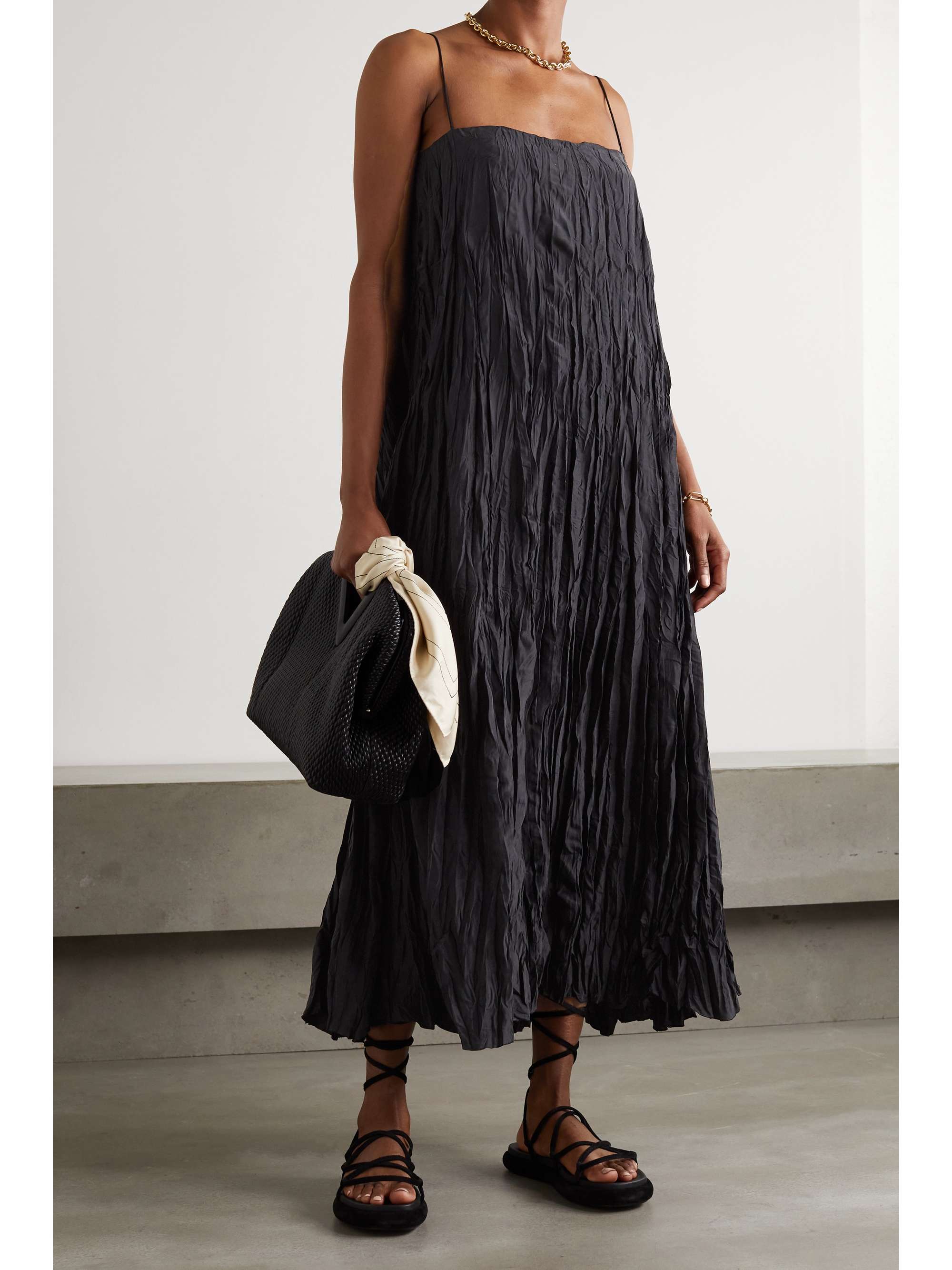 Black Crinkled silk-habotai maxi dress 