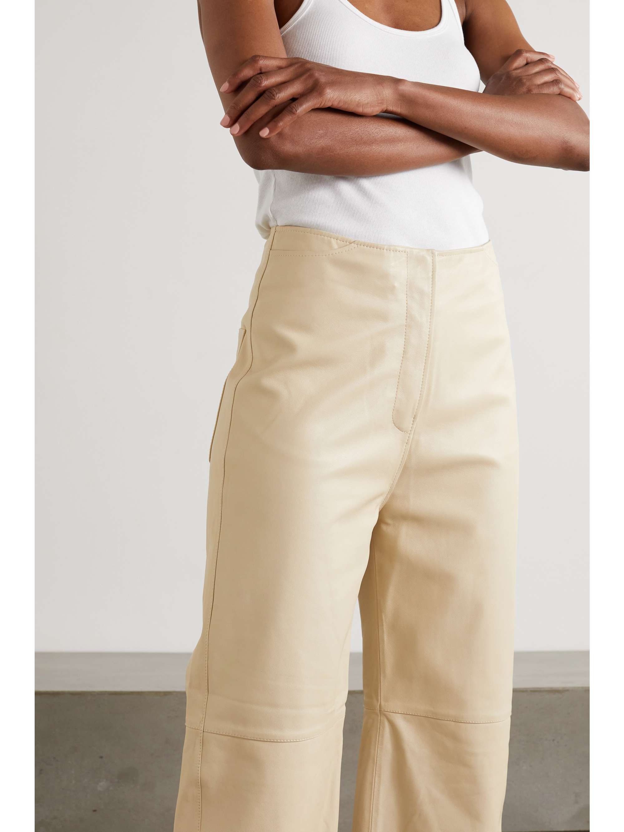 Beige Cropped leather wide-leg pants 