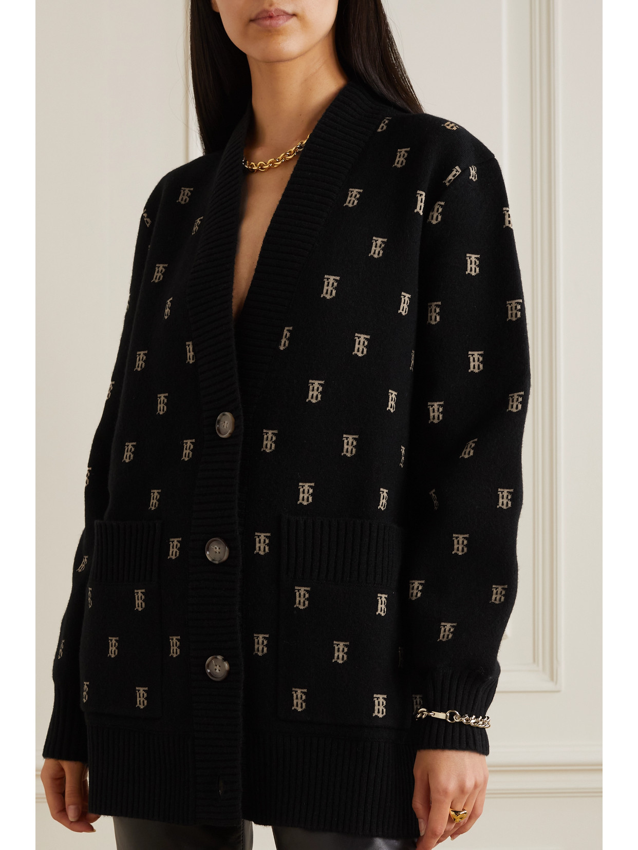 Shop Burberry Intarsia-knit Cardigan In Black