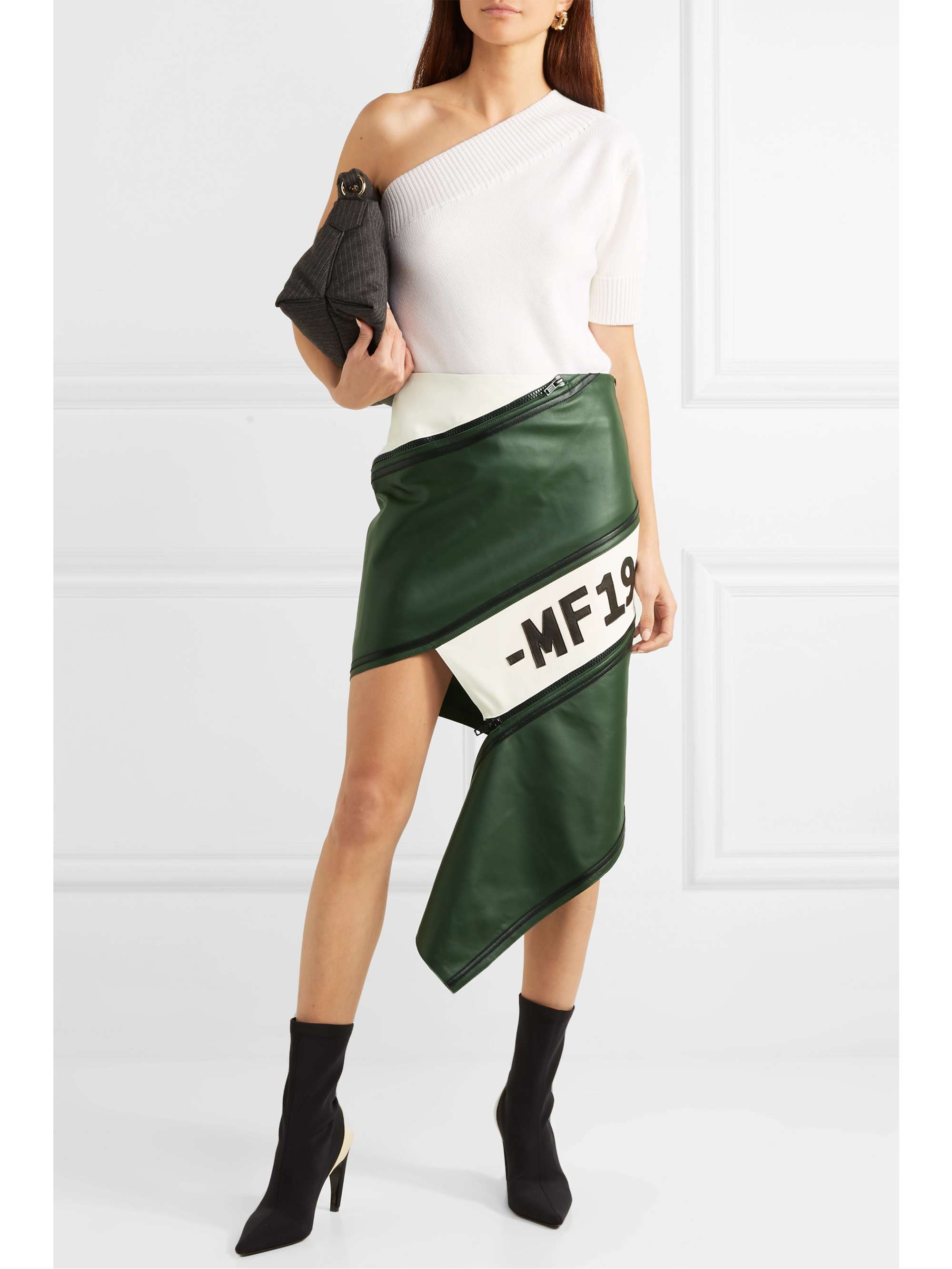 MONSE Asymmetric zip-detailed paneled leather skirt