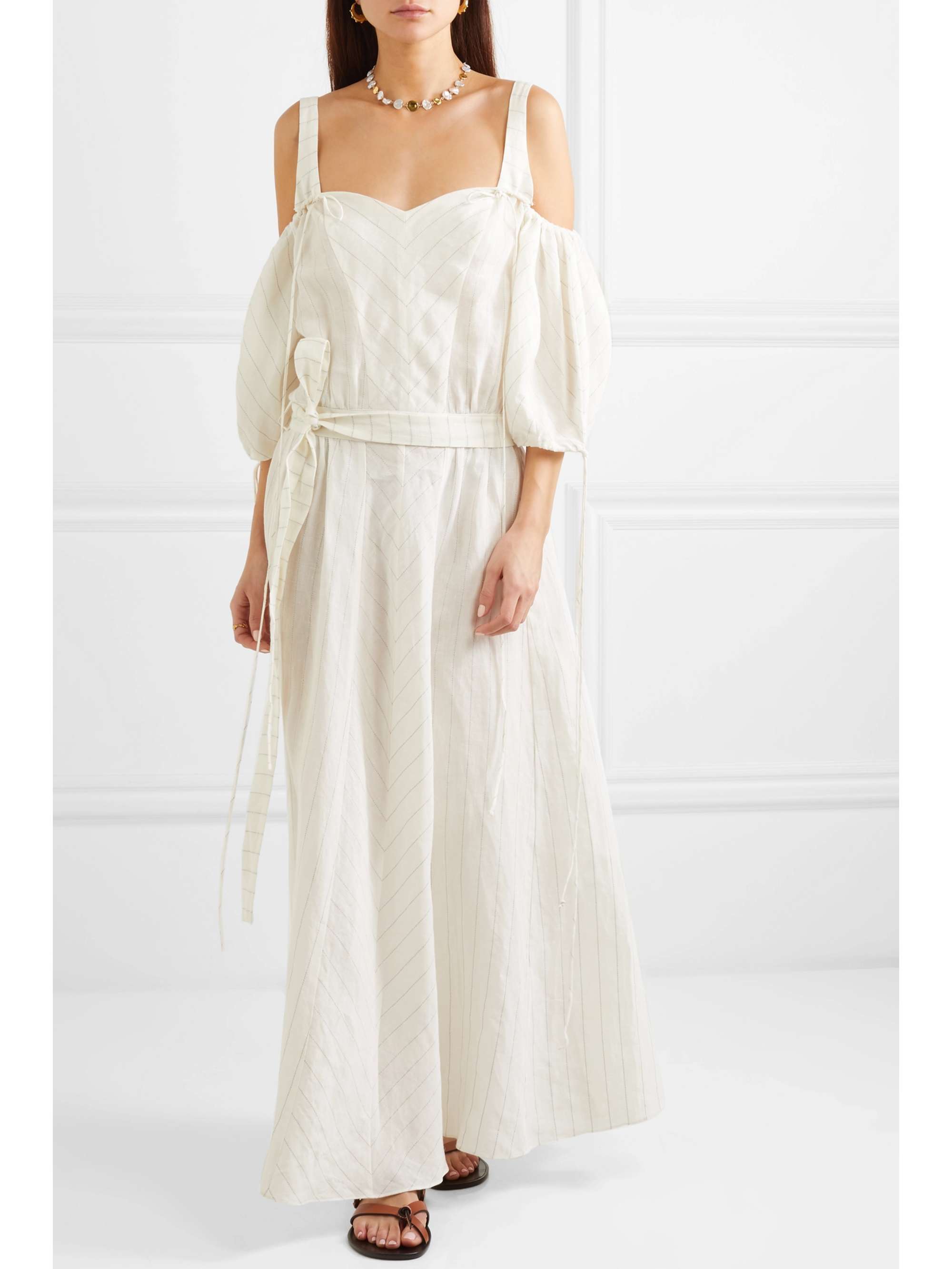 LOEWE + Paula's Ibiza cold-shoulder striped linen-blend gown | NET-A-PORTER