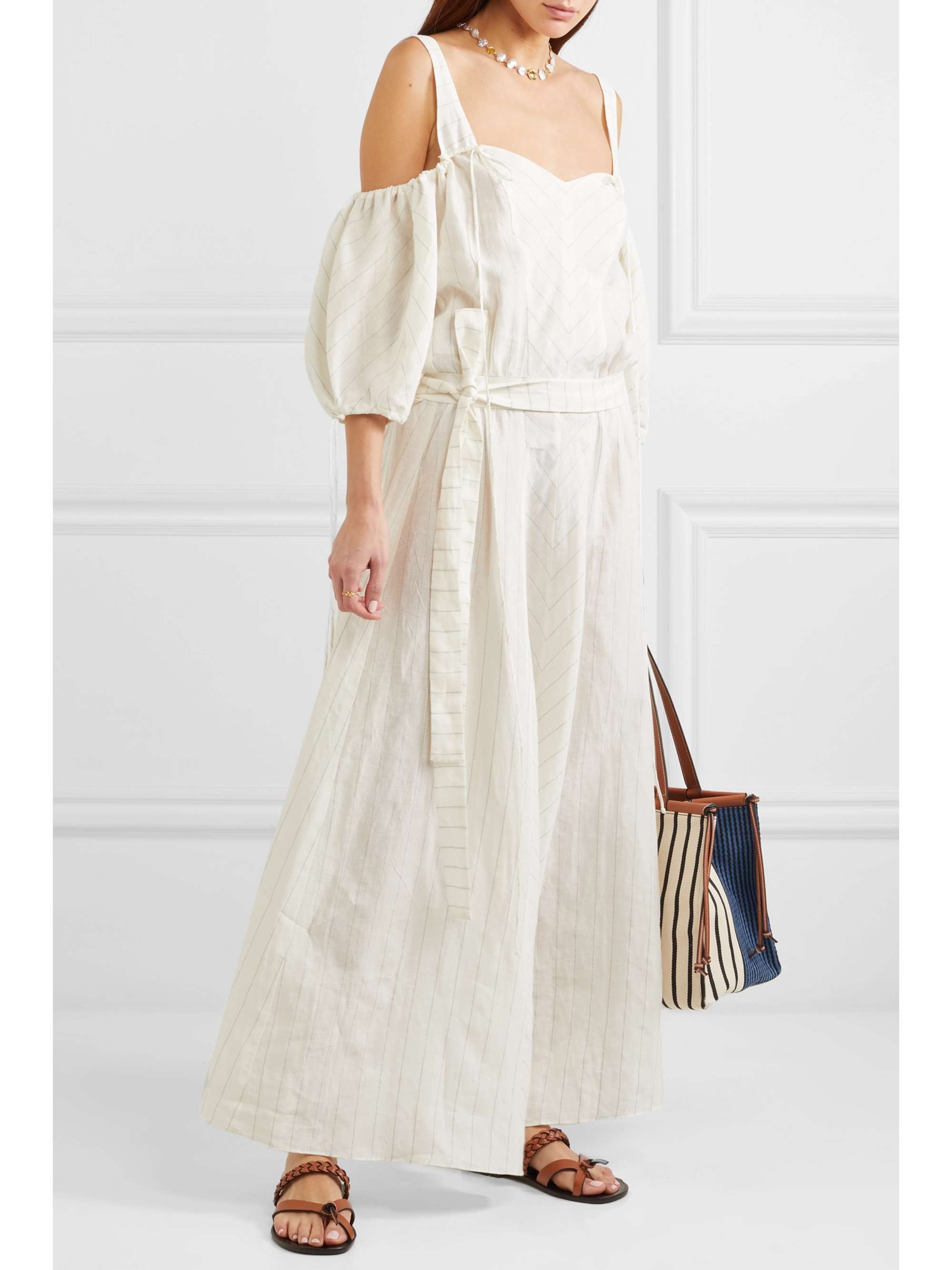 LOEWE + Paula's Ibiza cold-shoulder striped linen-blend gown