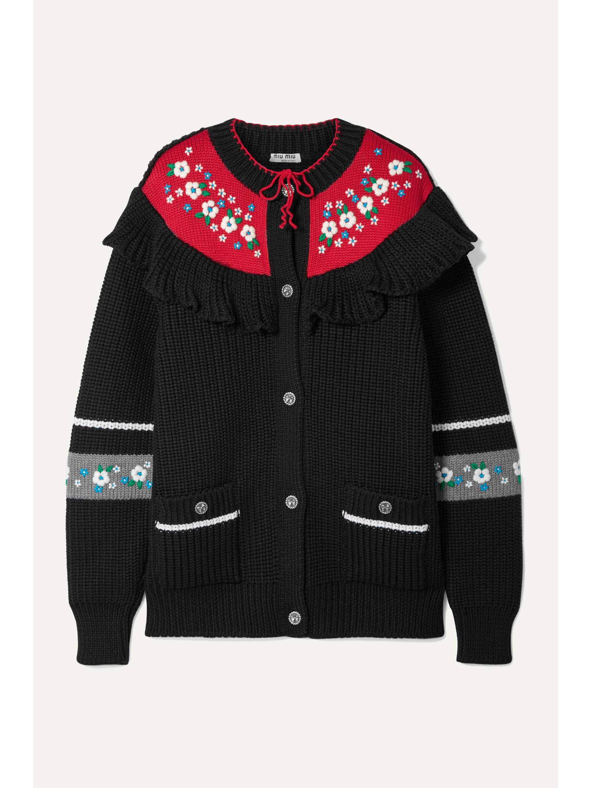 Black Ruffled embroidered wool cardigan 