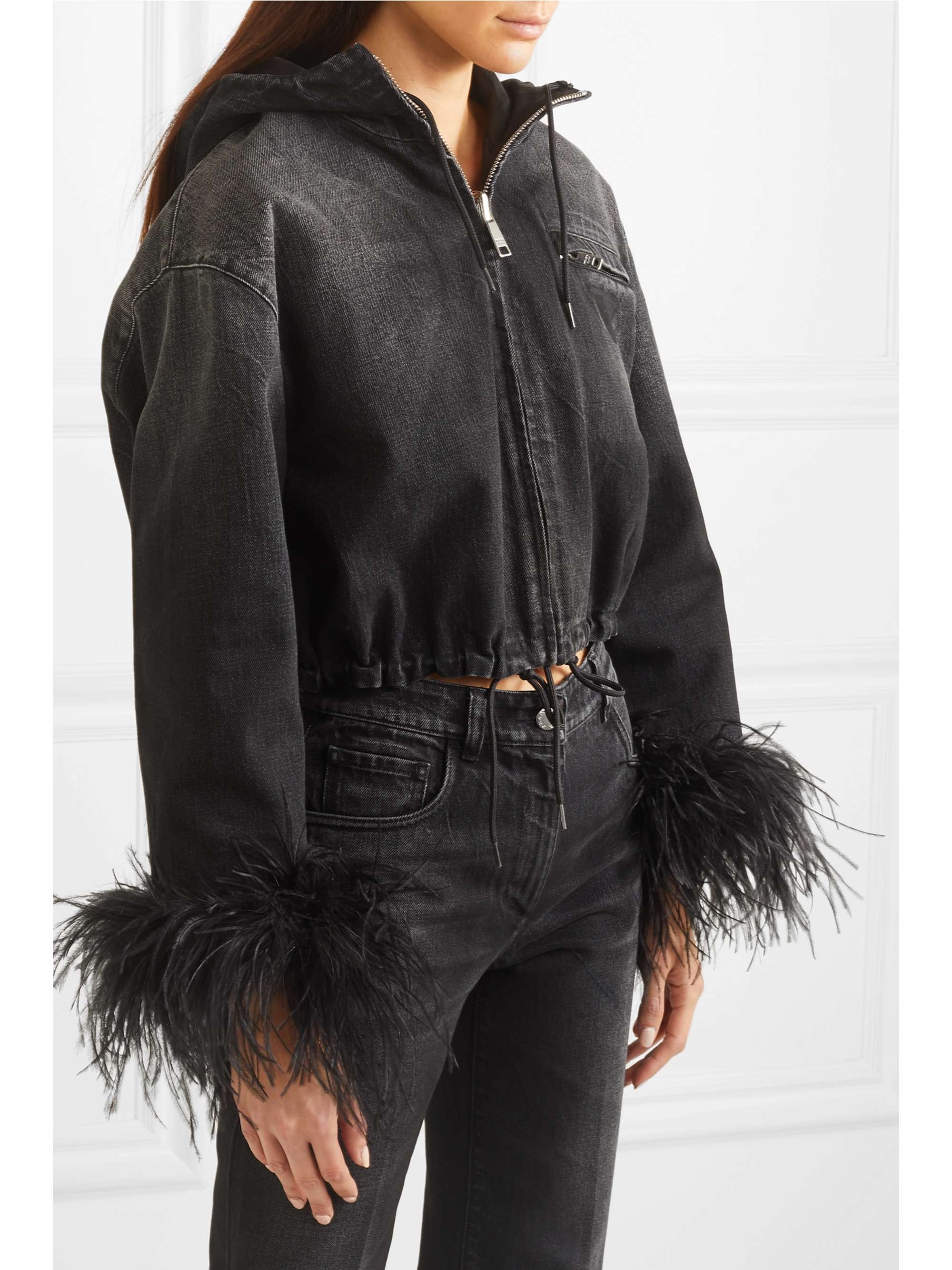 PRADA Reversible cropped feather-trimmed denim and nylon jacket |  NET-A-PORTER