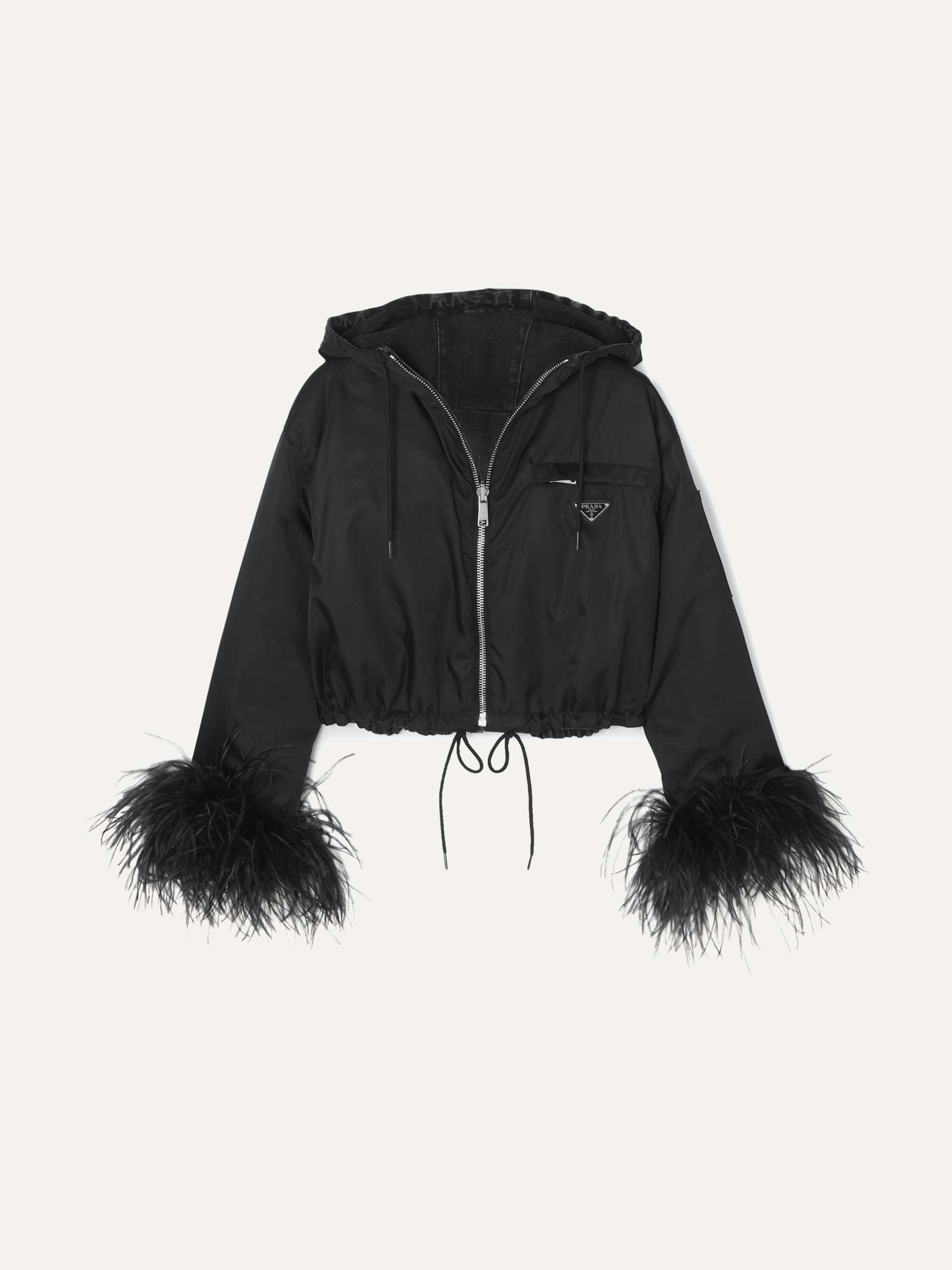 PRADA Reversible cropped feather-trimmed denim and nylon jacket |  NET-A-PORTER