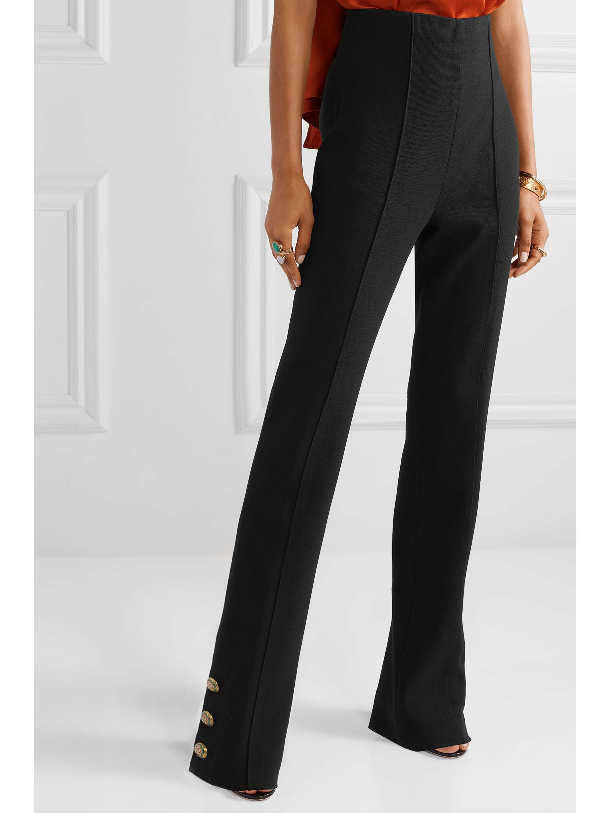 OSCAR DE LA RENTA Button-embellished stretch wool-blend crepe straight-leg pants