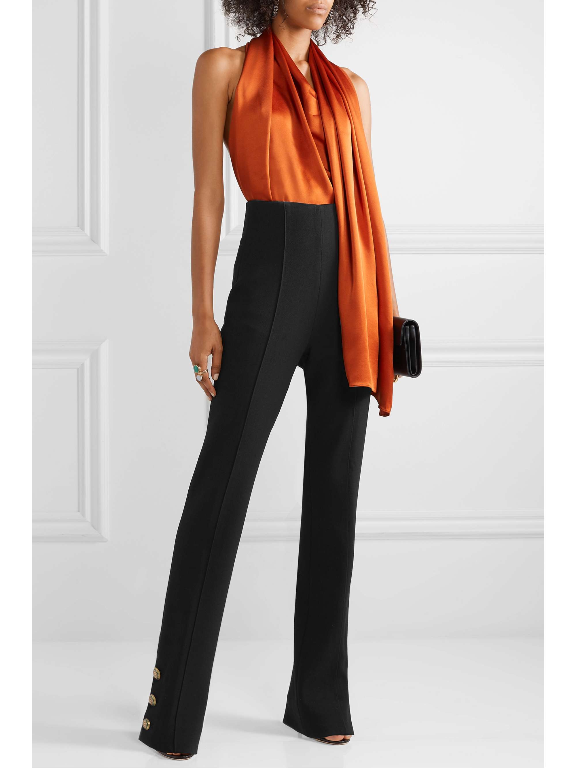 OSCAR DE LA RENTA Button-embellished stretch wool-blend crepe straight-leg pants